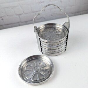 Vintage 50s/60s Aluminum Drink Coaster Set w/ Holder